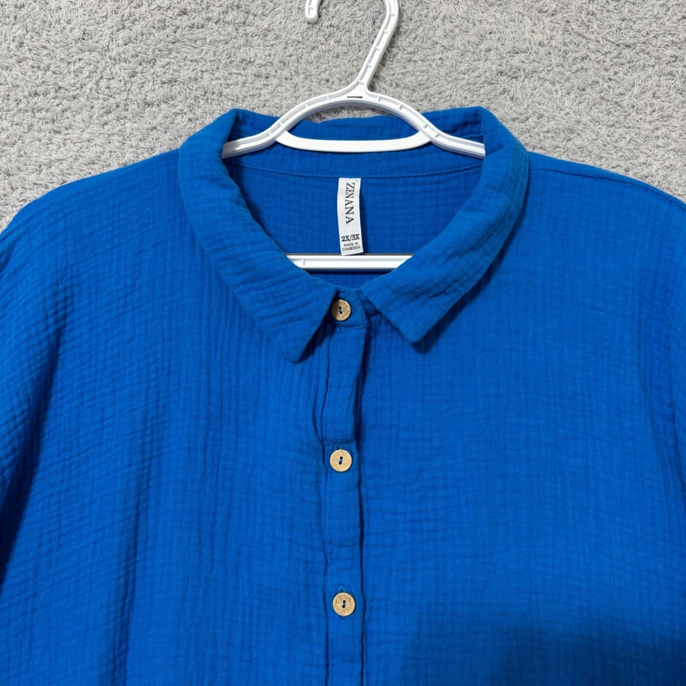 Oversized Cotton Gauze Button Up Shirt Lightweight Relaxed Fit 2X/3X Royal Blue - Picture 3 of 11